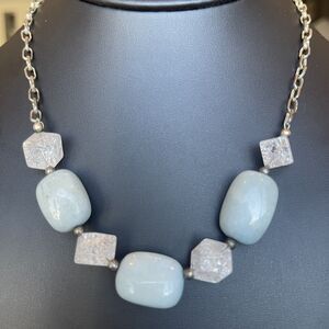 Beautiful Blue Larimar Station Set Necklace With Crackled Glass Cube Beads 18”